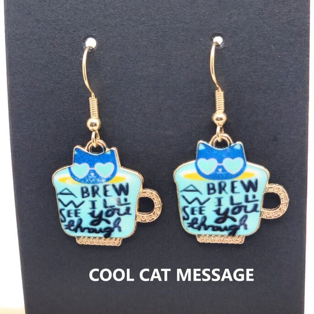 Handmade Blue Cat Teacup Earrings | “A Brew Will Get You Through”